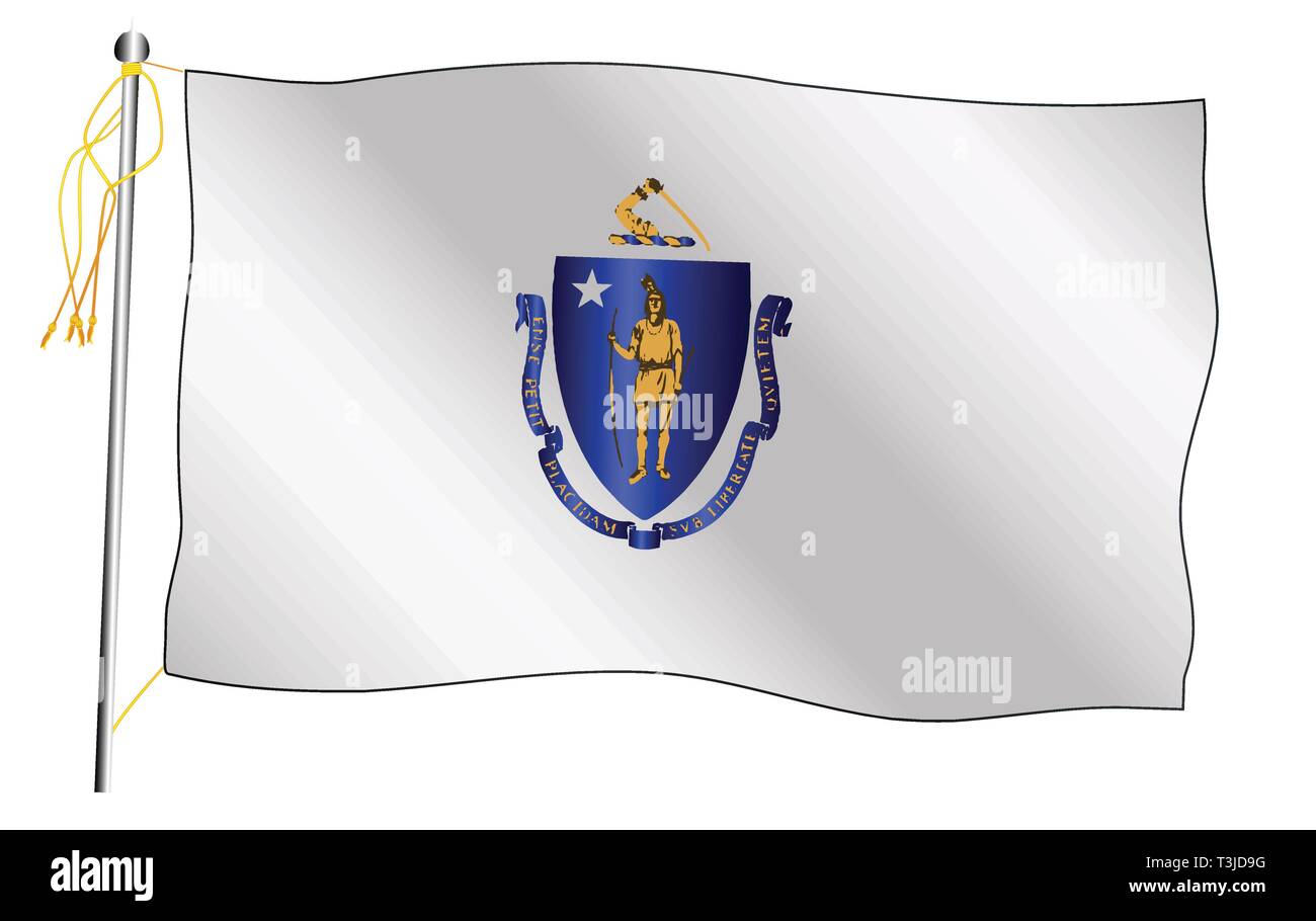 Nous l'État du Massachusetts drapeau fixé contre contre un fond blanc. Illustration de Vecteur