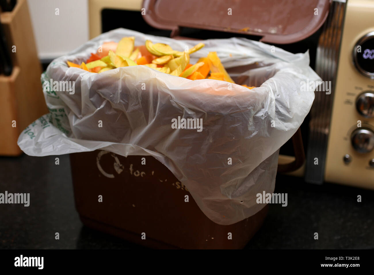 Vues générales des déchets alimentaires recueillies pour une boîte de recyclage des déchets alimentaires marron dans une maison à Southampton, Hampshire, Royaume-Uni. Banque D'Images