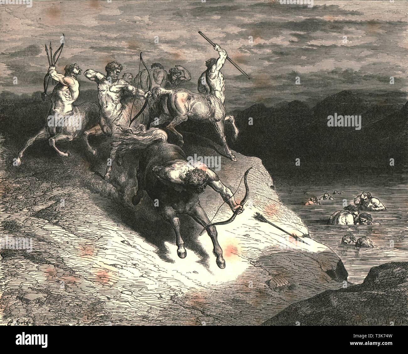 "Nous à ces bêtes, que le long, rapide passa s'approcha, lorsque Chiron a pris une flèche de l'avant', c1890. Organisateur : Gustave Doré. Banque D'Images