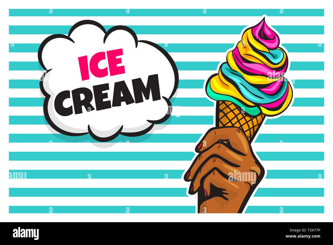 Black woman hand hold ice cream cone pop art Illustration de Vecteur