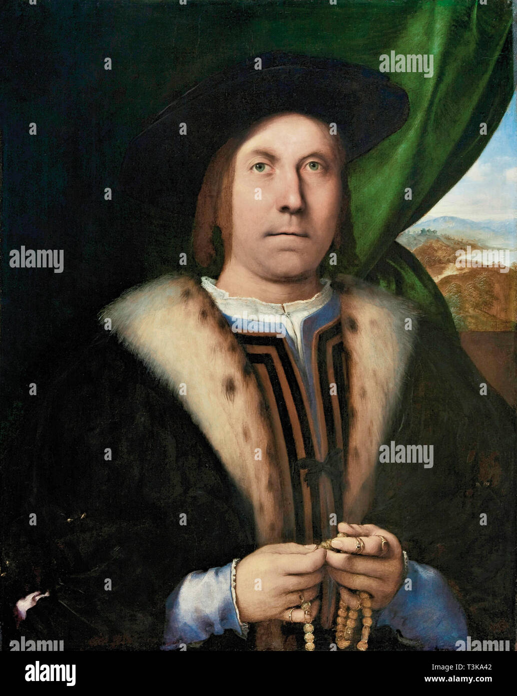 Portrait d'un homme avec un chapelet, ca 1515-1520. Organisateur : Lotto, Lorenzo (1480-1556). Banque D'Images
