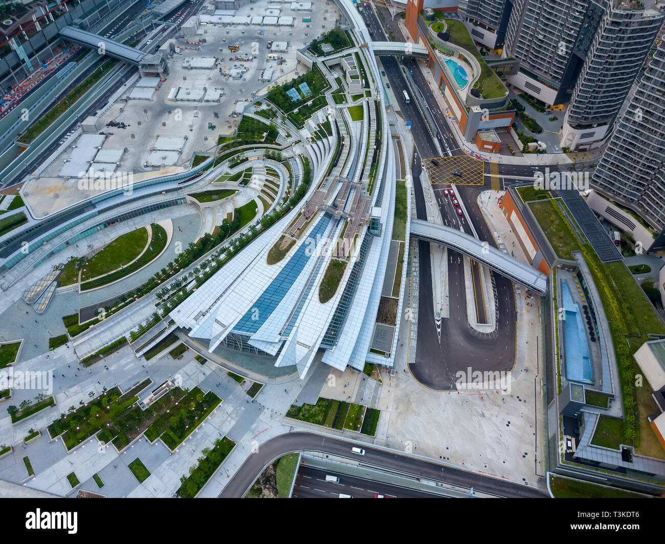 Vue aérienne de l'Ouest nouveau Rail Express Kowloon Link-Hong Kong à la gare principale de la Chine, Hong Kong, Chine. Banque D'Images