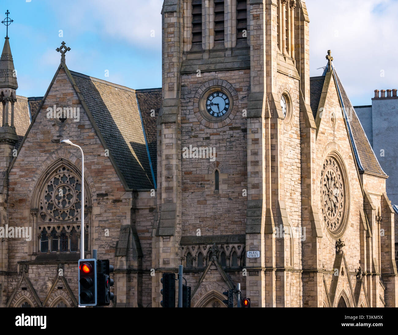 Flèche de Victorian Pilrig St Paul's Church of Scotland, style gothique français par Peddie & Kinnear, Leith Walk, Édimbourg, Écosse, Royaume-Uni Banque D'Images