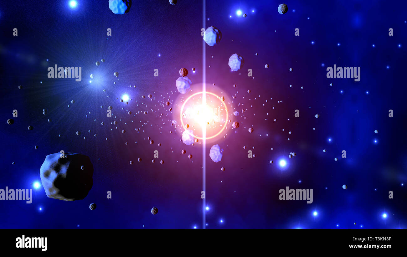 Illustration 3D d'une explosion stellaire ou Supernova astéroïdes et jeter des pierres. Banque D'Images