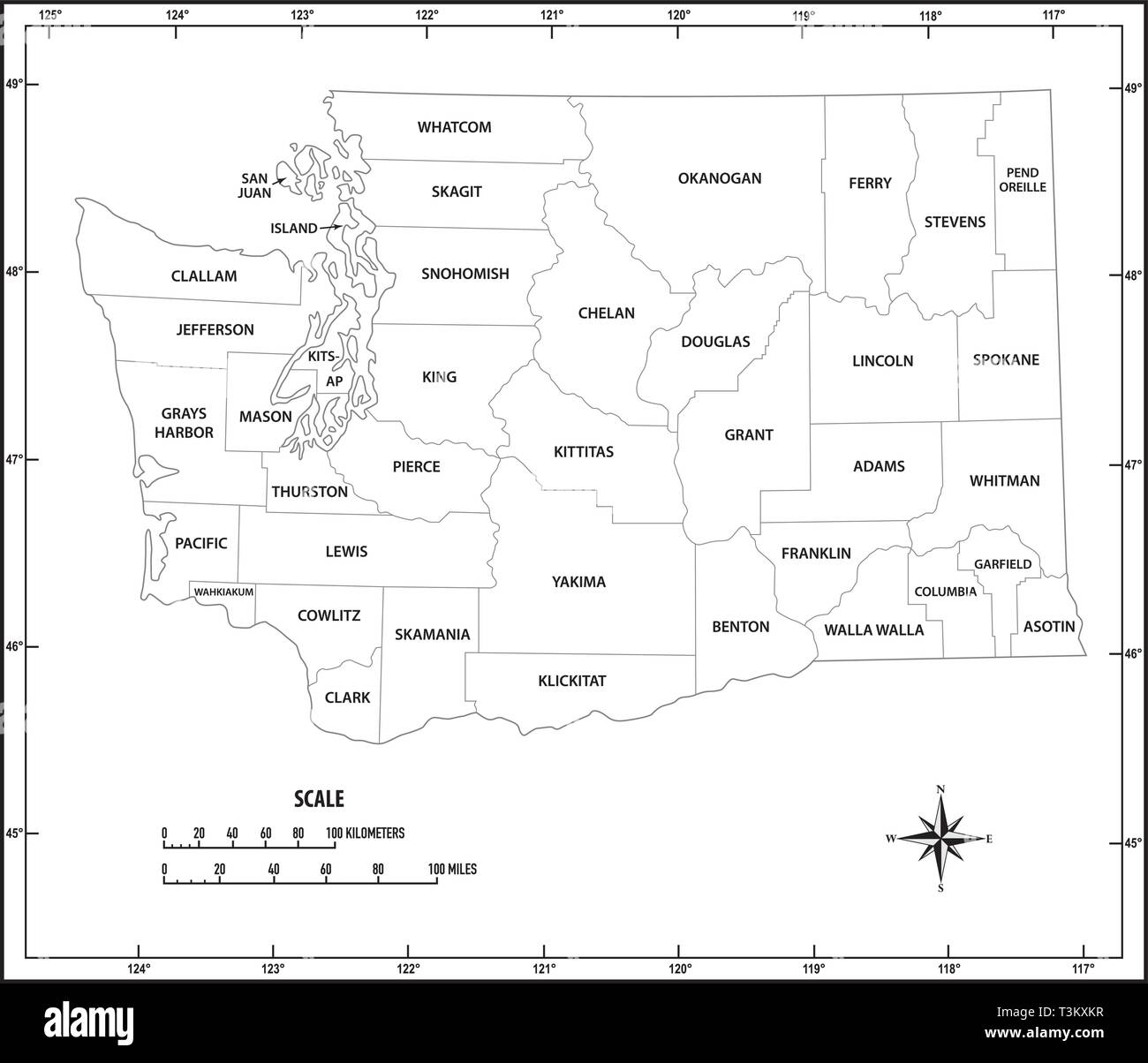 Aperçu de l'état de Washington aux niveaux administratif et politique carte vectorielle en noir et blanc Illustration de Vecteur