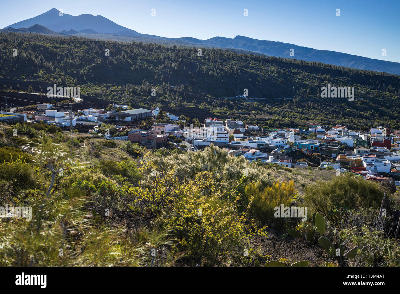 Vue aérienne sur le village de montagne de Arguayo, avec le Mont Teide en arrière-plan, Santiago del Teide, Tenerife, Canaries, Espagne Banque D'Images