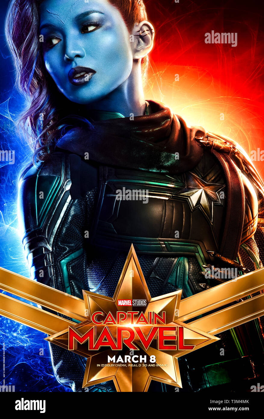 Capitaine Marvel (2019) dirigé par Anna Boden et mettant en vedette Gemma Chan en tant que sniper de Kree Minn-Erva. Banque D'Images