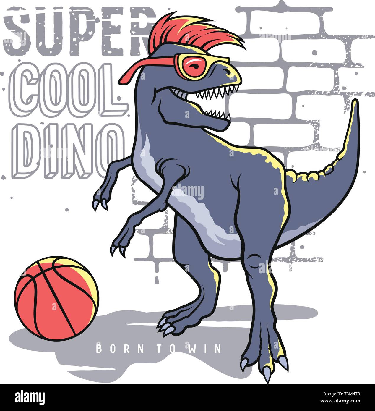 Et le slogan de dinosaures typographie pour t shirt design. Tyrannosaure Rex jouant au basket-ball sur l'arrière-plan de mur de briques. Athletic graphic tee. Vecteurs Illustration de Vecteur