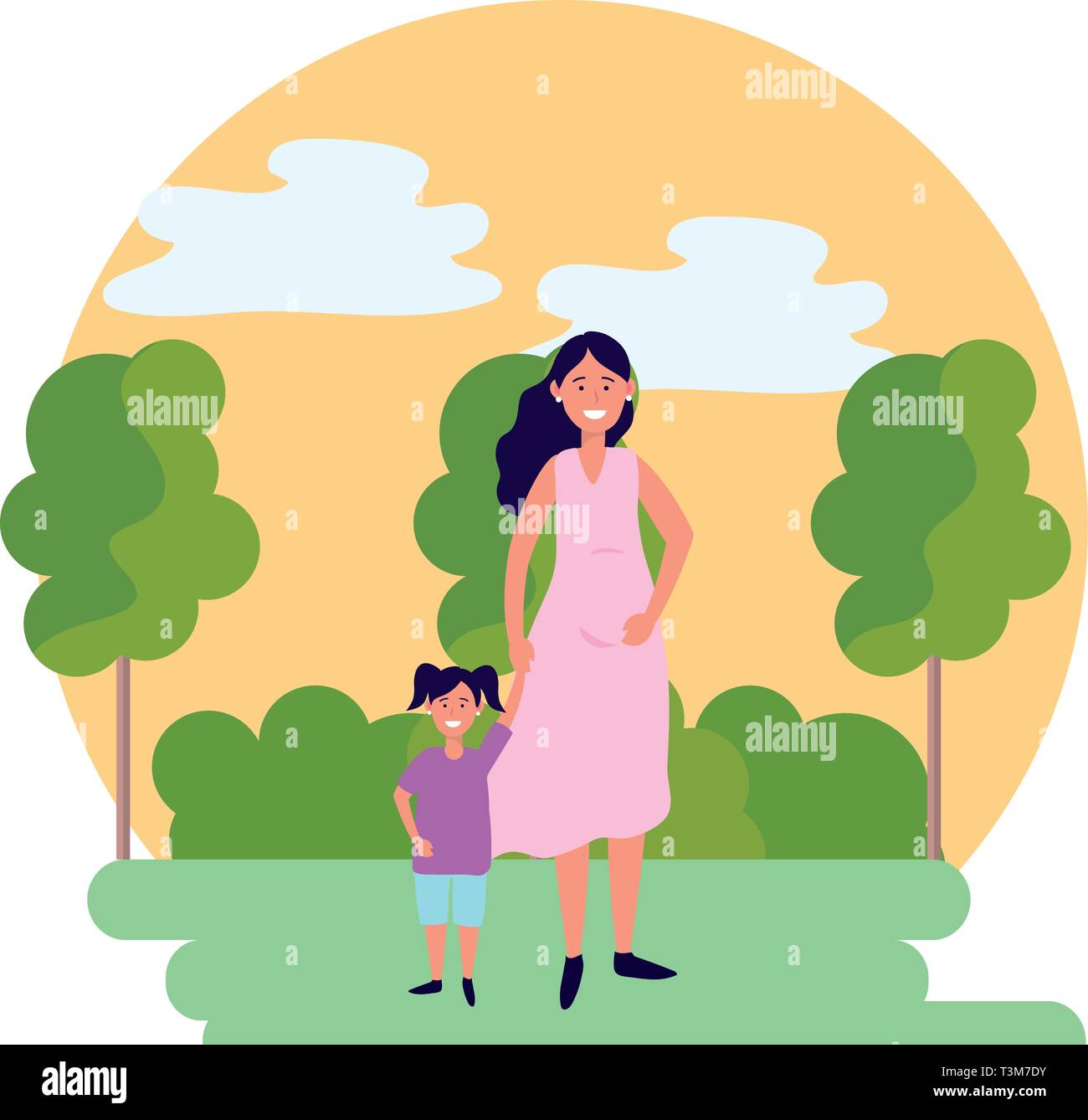 Femme enceinte avec avatar enfant personnage piscine paysage rural icône  ronde vector illustration graphic design Image Vectorielle Stock - Alamy