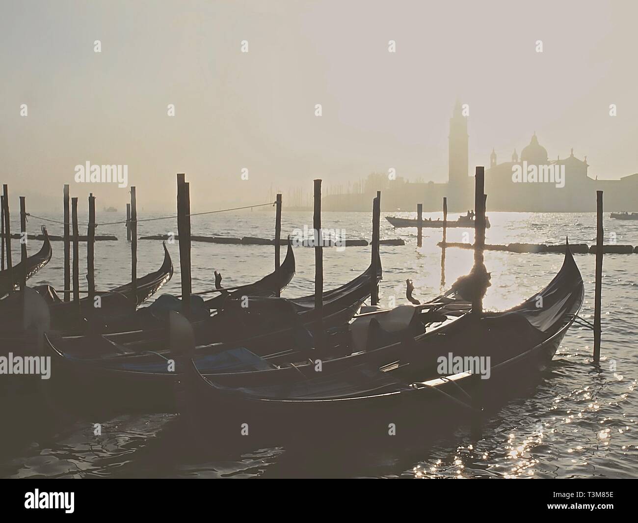 Gondoles à Venise au brouillard dans le soleil du matin Banque D'Images