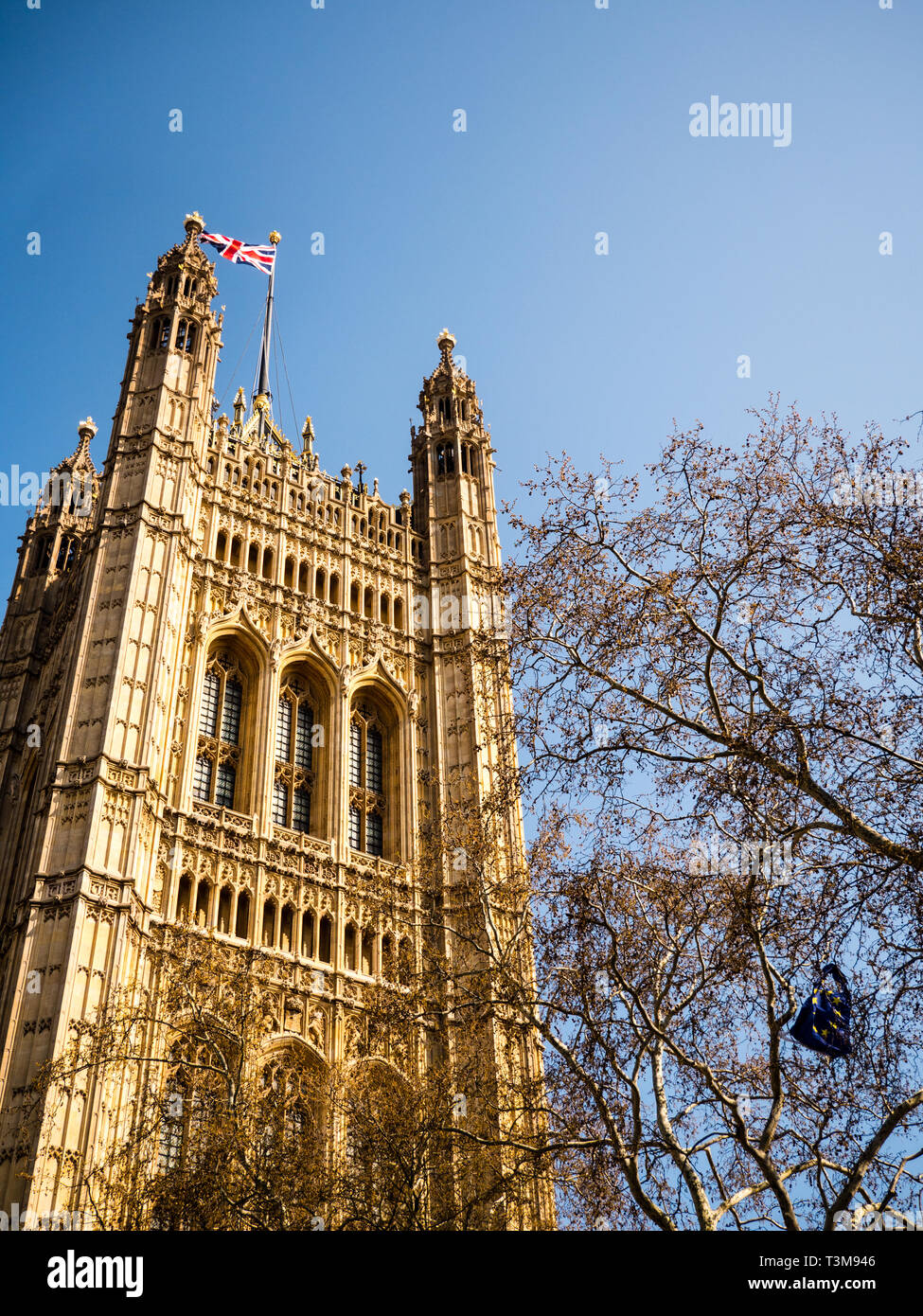 L'UE a déchiré sur Flagg arbre au Palais de Westminster, le Parlement, Westminster, London, England, UK, FR. Banque D'Images