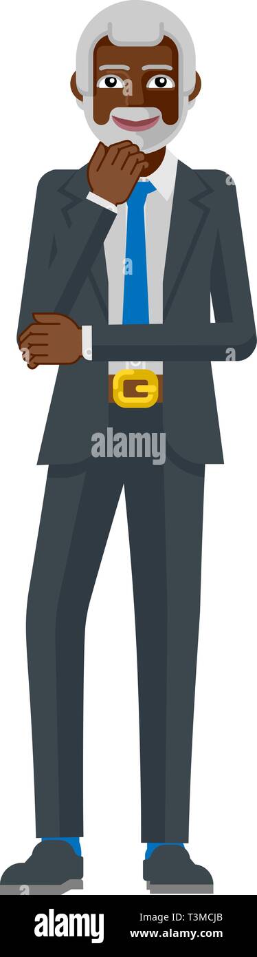 Black mature Business Man Thinking Concept Mascotte Illustration de Vecteur