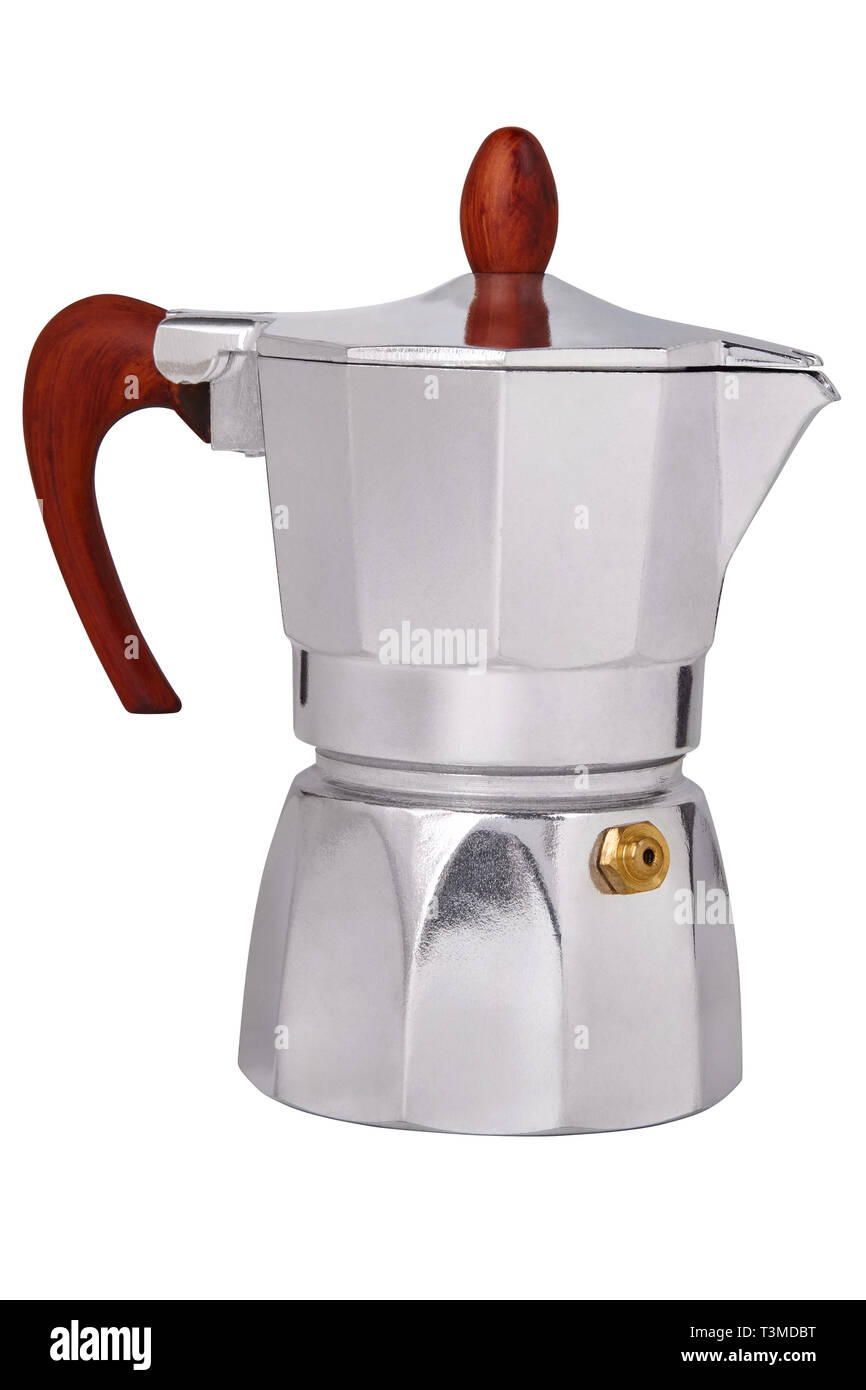 Geyser métallique cafetière, bouilloire isolé sur fond blanc. Cafetière  italienne avec poignée en bois Photo Stock - Alamy