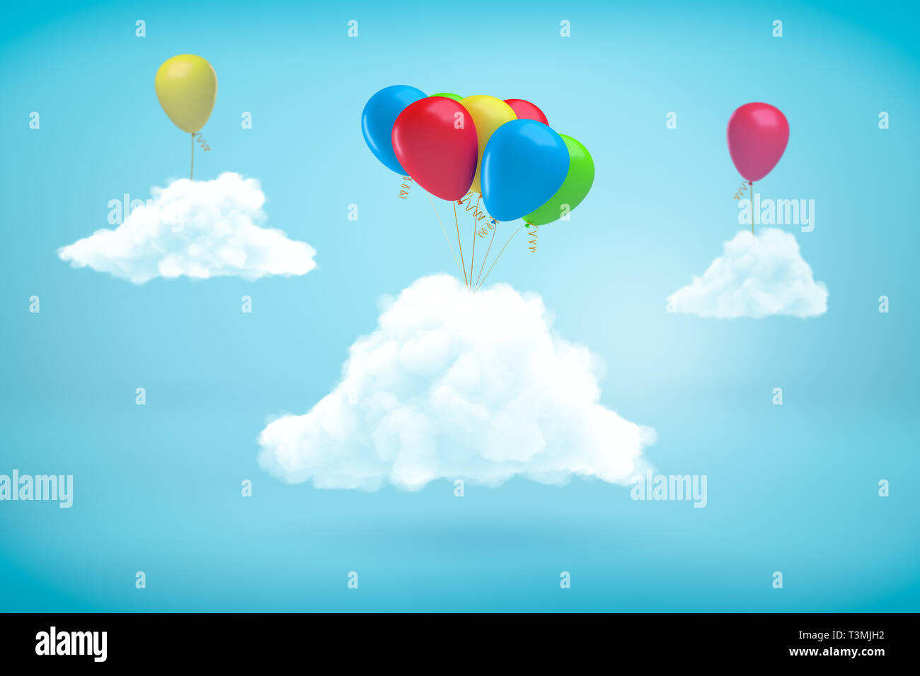 Le rendu 3d de trois des nuages dans le ciel bleu avec des ballons d'hélium attachés à eux. Banque D'Images