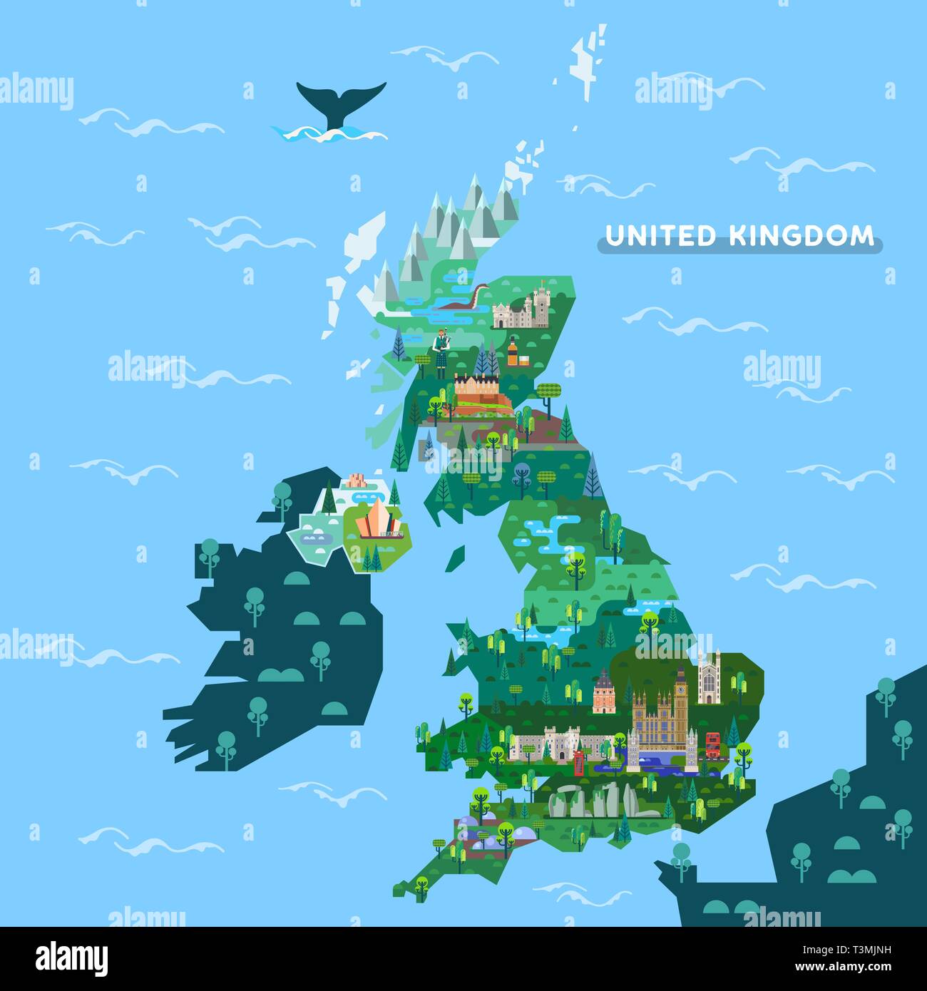 Angleterre, Royaume-Uni plan avec des sites célèbres Illustration de Vecteur