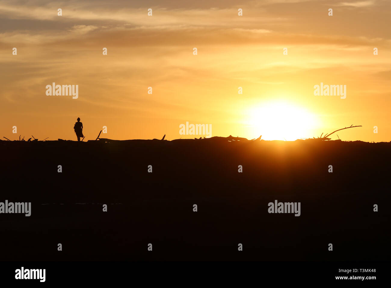 Un touriste à le coucher du soleil sur la plage de Samara, Guanacaste, Costa Rica Banque D'Images