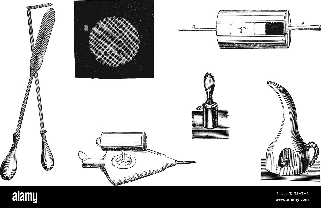 Ensemble de meubles anciens dessins vectoriels ou gravure de grunge vintage illustrations de l'apiculture ou de travail de l'apiculteur d'outils et d'instruments.livre Bienenfreund Neuester Illustrierter, imprimé à Leipzig, Allemagne, 1852. Illustration de Vecteur