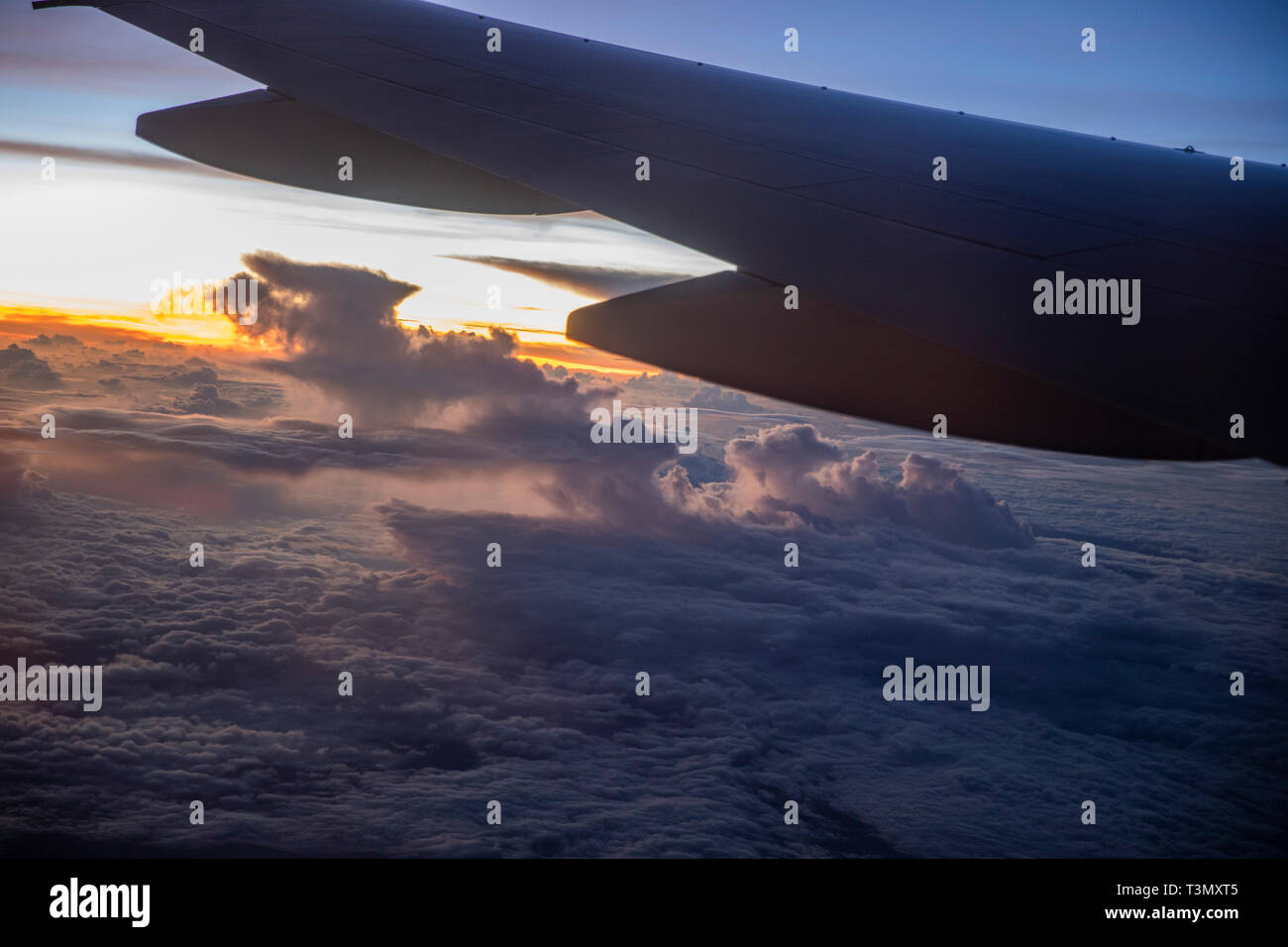 Voir à partir de la belle grande fenêtre teinté de Boeing 787 Dreamliner Qantas voler au-dessus des nuages près de Sydney, le vol direct de LAX Banque D'Images