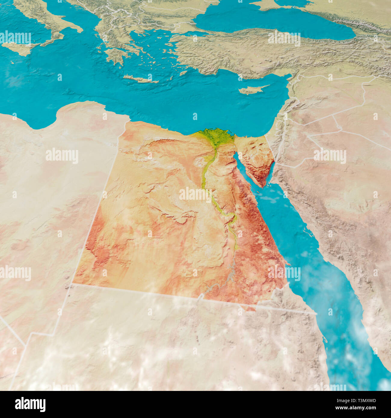 Carte physique avec des reliefs de l'Égypte. 3d de la carte de l'Afrique du Nord, en Europe et en Asie. 3D render Banque D'Images