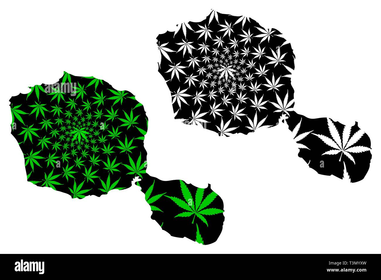 Tahiti - carte feuille de cannabis est vert et noir, carte de l'île fait de Otaheite marijuana, THC) feuillage, Illustration de Vecteur