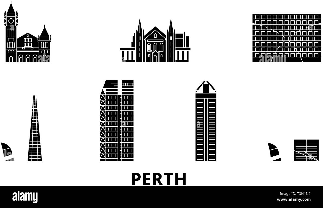 L'Australie, Perth skyline voyages télévision set. L'Australie, Perth ville noire, symbole d'illustration vectorielle, les sites touristiques, sites naturels. Illustration de Vecteur