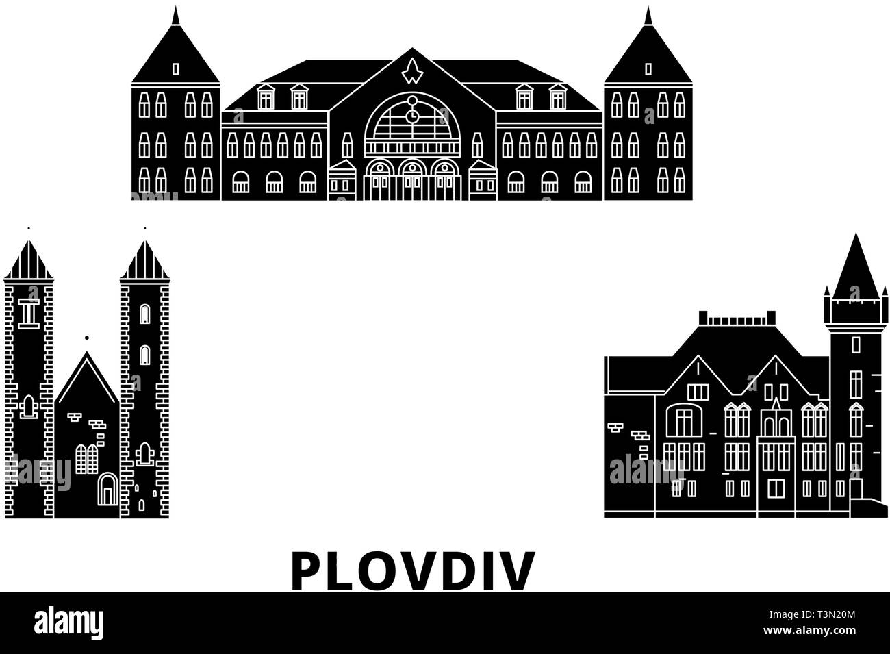 La Bulgarie, Plovdiv télévision billet skyline set. La Bulgarie, Plovdiv ville noire, symbole d'illustration vectorielle, les sites touristiques, sites naturels. Illustration de Vecteur