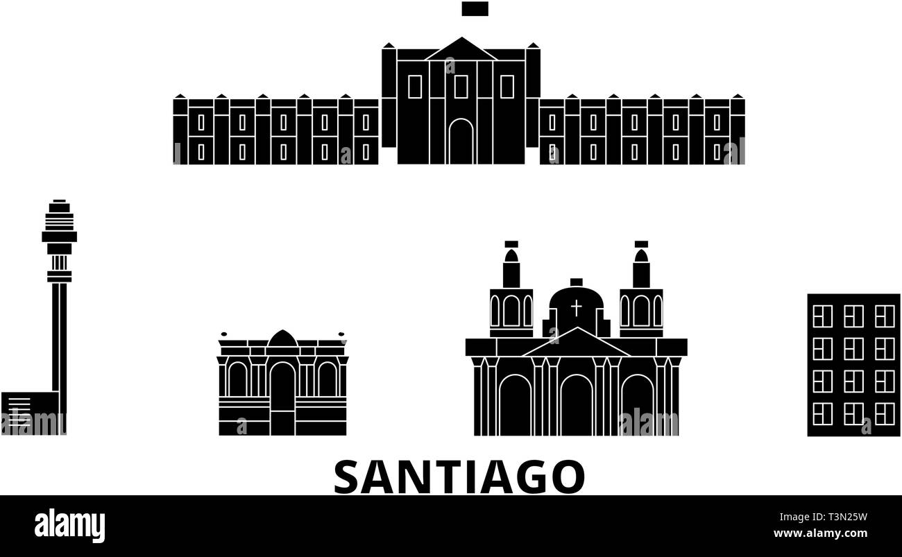 Chili, Santiago voyage télévision set skyline. Chili, Santiago ville noire, symbole d'illustration vectorielle, les voyages touristiques, monuments. Illustration de Vecteur