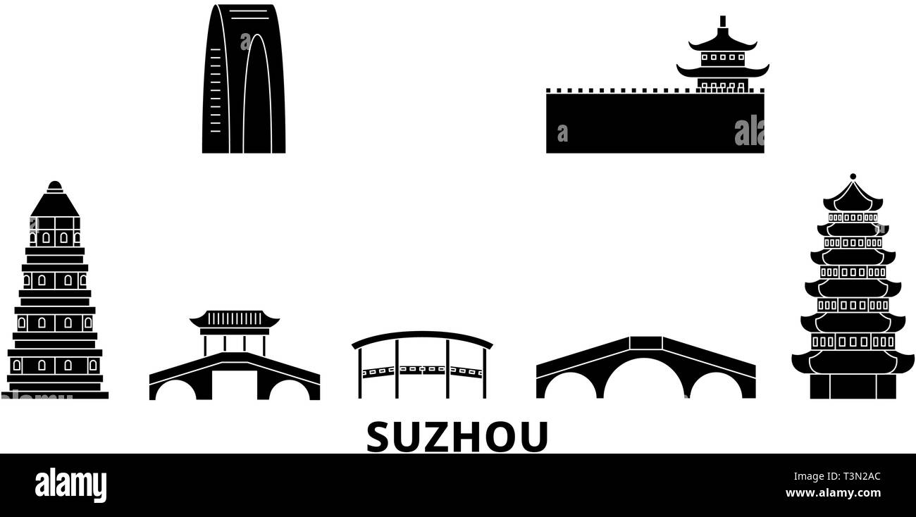 La Chine, Suzhou voyages télévision. skyline La Chine, Suzhou ville noire, symbole d'illustration vectorielle, les sites touristiques, sites naturels. Illustration de Vecteur