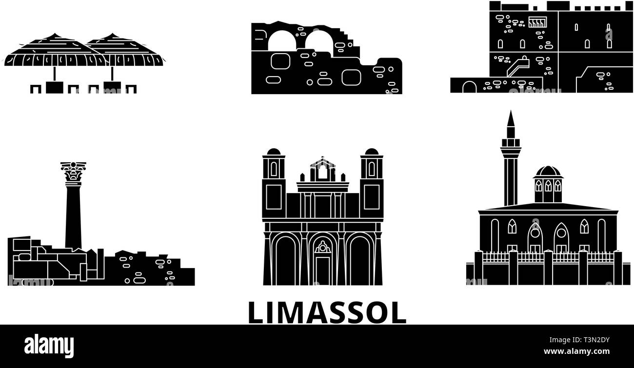 Chypre, Limassol voyage télévision set skyline. Chypre, Limassol ville noire, symbole d'illustration vectorielle, les sites touristiques, sites naturels. Illustration de Vecteur