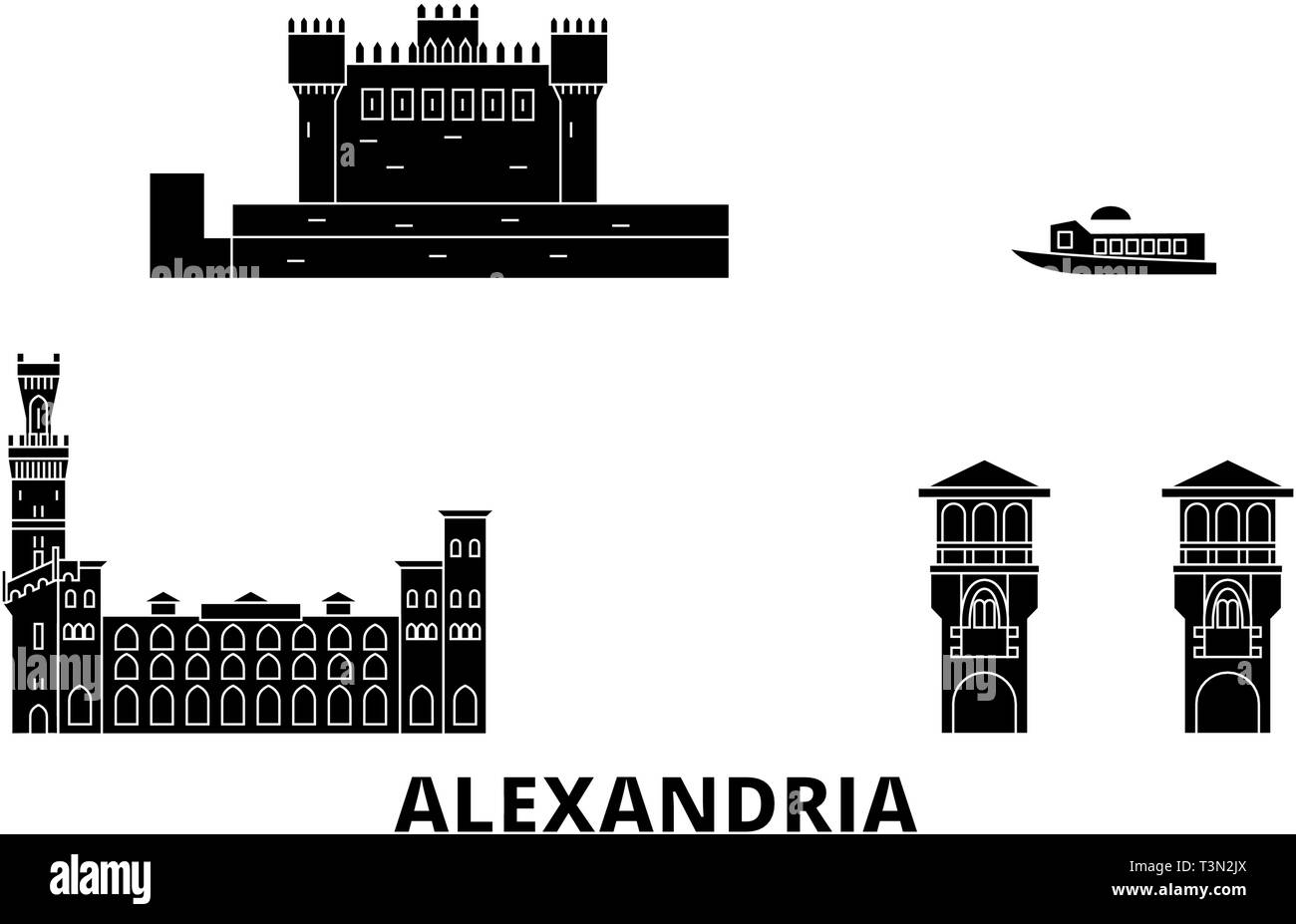 L'Égypte, Alexandrie voyage télévision set skyline. L'Égypte, Alexandrie ville noire, symbole d'illustration vectorielle, les voyages touristiques, monuments. Illustration de Vecteur