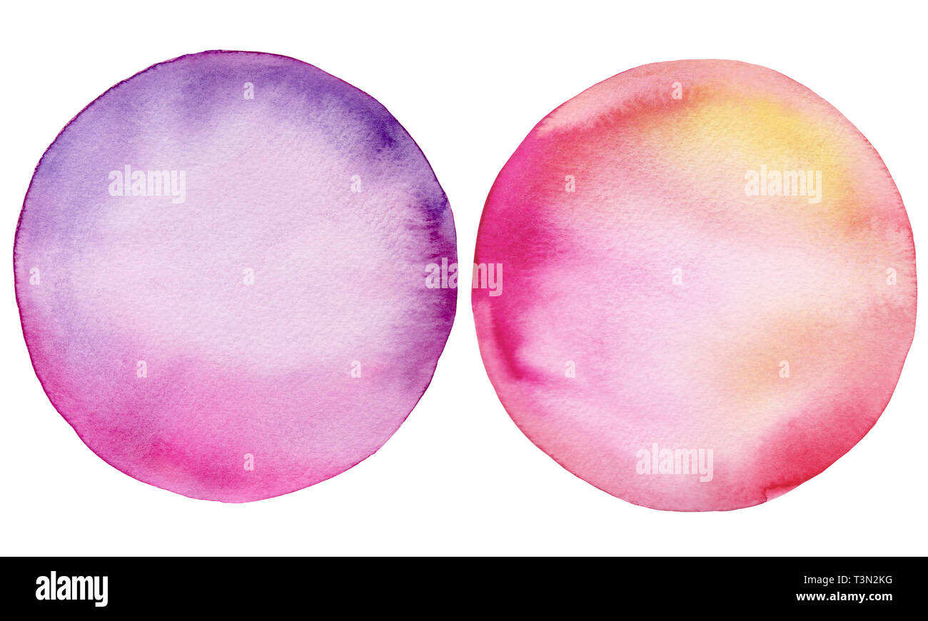 Deux cercles d'aquarelle. Bulles ronde rose et pourpre. Illustration dessinée à la main. Banque D'Images