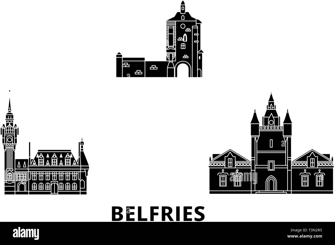 France, beffrois télévision billet skyline set. France, beffrois ville noire, symbole d'illustration vectorielle, les sites touristiques, sites naturels. Illustration de Vecteur