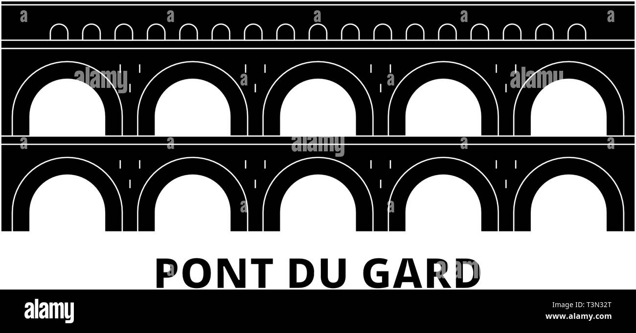 France, Pont du Gard Vue télévision billet skyline set. France, Pont du Gard Monument ville noire, symbole d'illustration vectorielle, les sites touristiques, sites naturels. Illustration de Vecteur