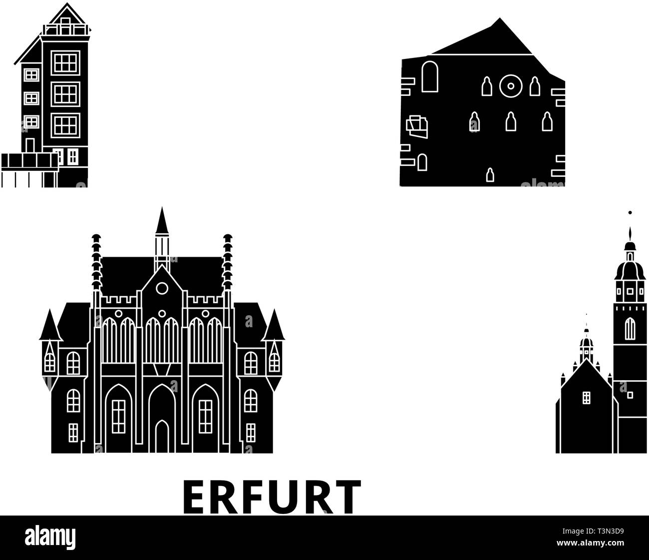 Allemagne, Erfurt voyage télévision set skyline. Allemagne, Erfurt ville noire, symbole d'illustration vectorielle, les sites touristiques, sites naturels. Illustration de Vecteur