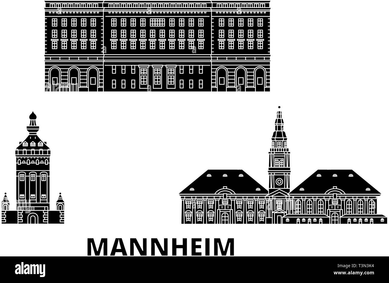 Allemagne, Mannheim voyages télévision. skyline Allemagne, Mannheim ville noire, symbole d'illustration vectorielle, les sites touristiques, sites naturels. Illustration de Vecteur