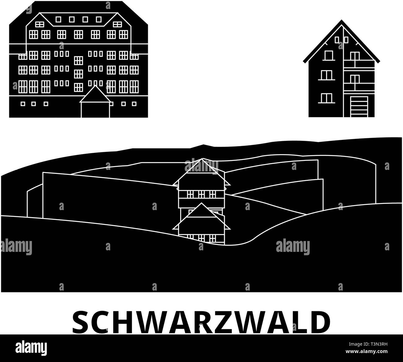 Allemagne, Schwarzwald télévision billet skyline set. Allemagne, Schwarzwald black city vector illustration, symbole de voyage, sites touristiques, monuments. Illustration de Vecteur