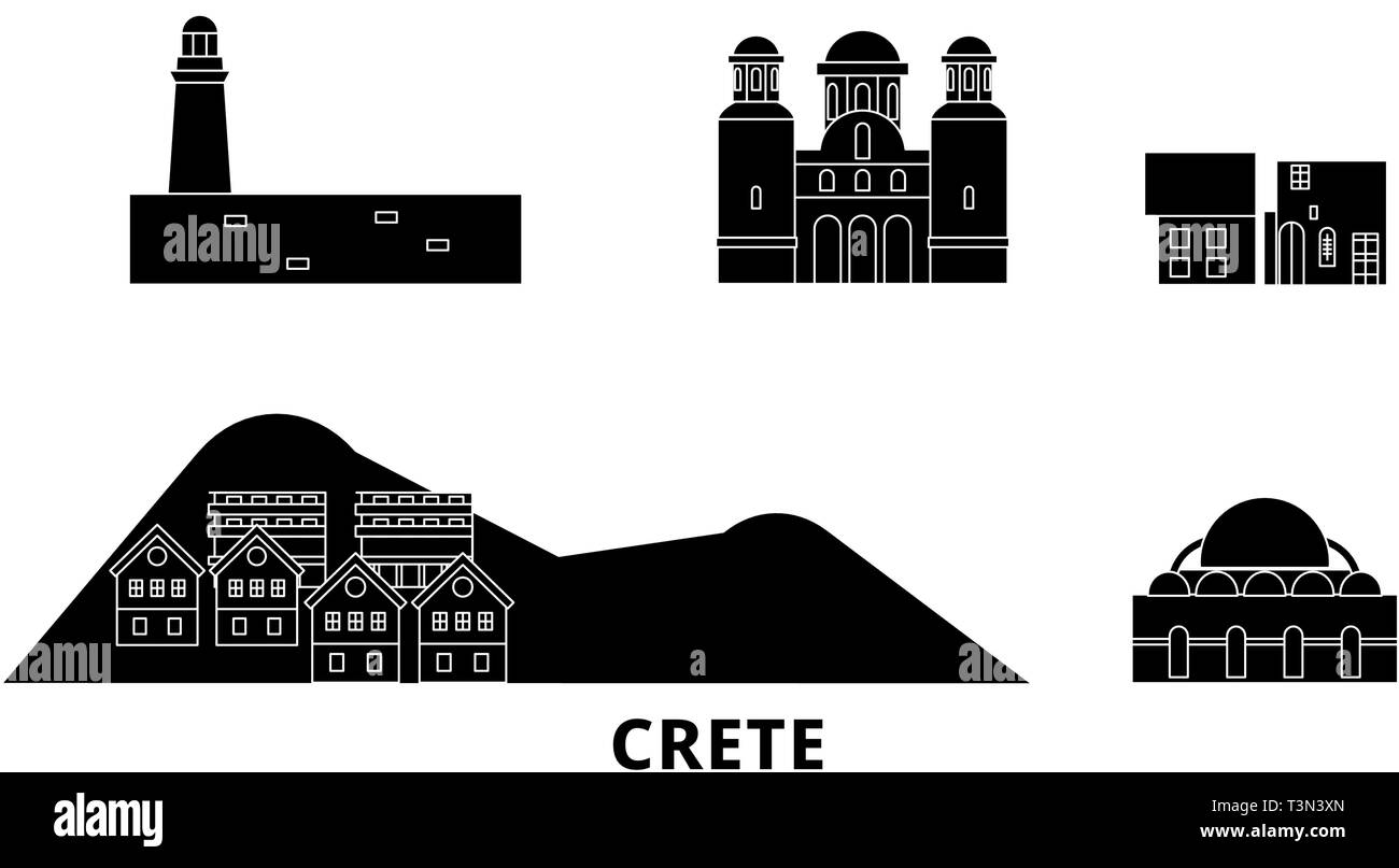 Grèce, Crete voyage télévision set skyline. Grèce, Crete ville noire, symbole d'illustration vectorielle, les sites touristiques, sites naturels. Illustration de Vecteur
