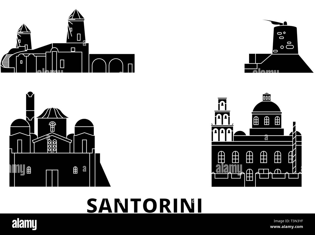 Grèce, Santorin voyage télévision set skyline. Grèce, Santorin ville noire, symbole d'illustration vectorielle, les voyages touristiques, monuments. Illustration de Vecteur