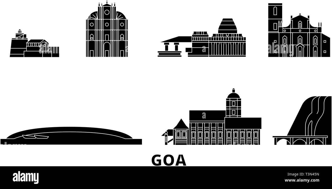 L'Inde, Goa voyages télévision set skyline. L'Inde, Goa ville noire, symbole d'illustration vectorielle, les sites touristiques, sites naturels. Illustration de Vecteur
