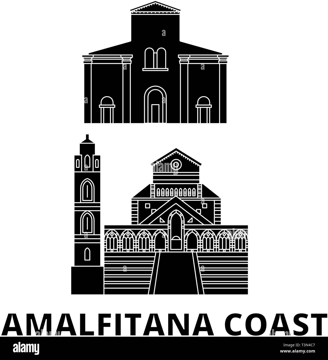 L'Italie, Côte Amalfitaine voyage télévision. skyline L'Italie, Côte Amalfitaine ville noire, symbole d'illustration vectorielle, les sites touristiques, sites naturels. Illustration de Vecteur