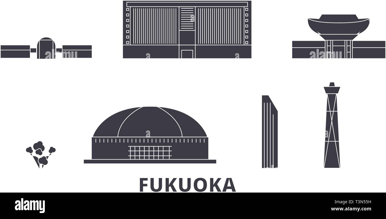Le Japon, Fukuoka voyage ensemble télévision horizon. Le Japon, Fukuoka City noir, symbole d'illustration vectorielle, les voyages touristiques, monuments. Illustration de Vecteur