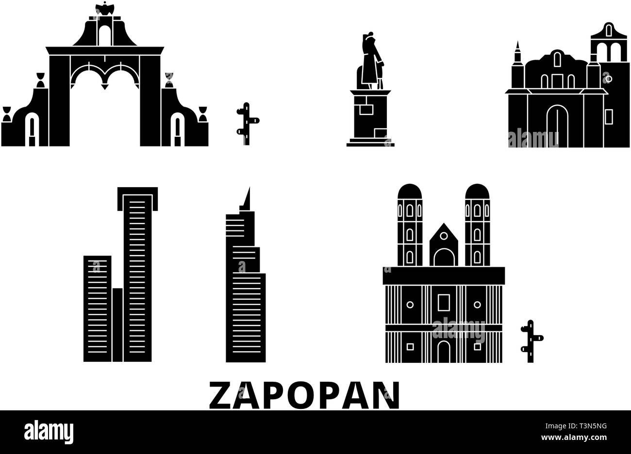 Le Mexique, Zapopan télévision billet skyline set. Le Mexique, Zapopan ville noire, symbole d'illustration vectorielle, les sites touristiques, sites naturels. Illustration de Vecteur