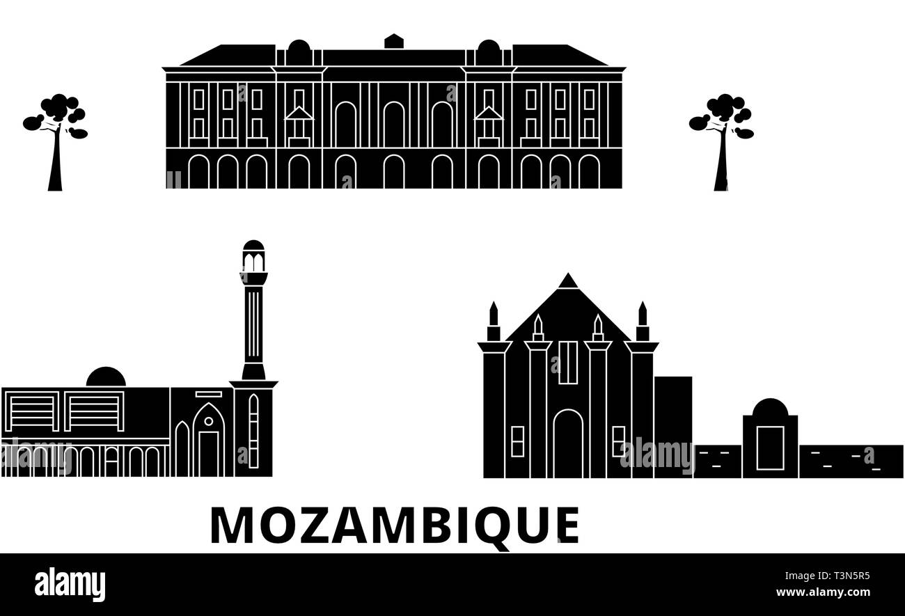 Le Mozambique voyage télévision set skyline. Mozambique ville noire, symbole d'illustration vectorielle, les sites touristiques, sites naturels. Illustration de Vecteur