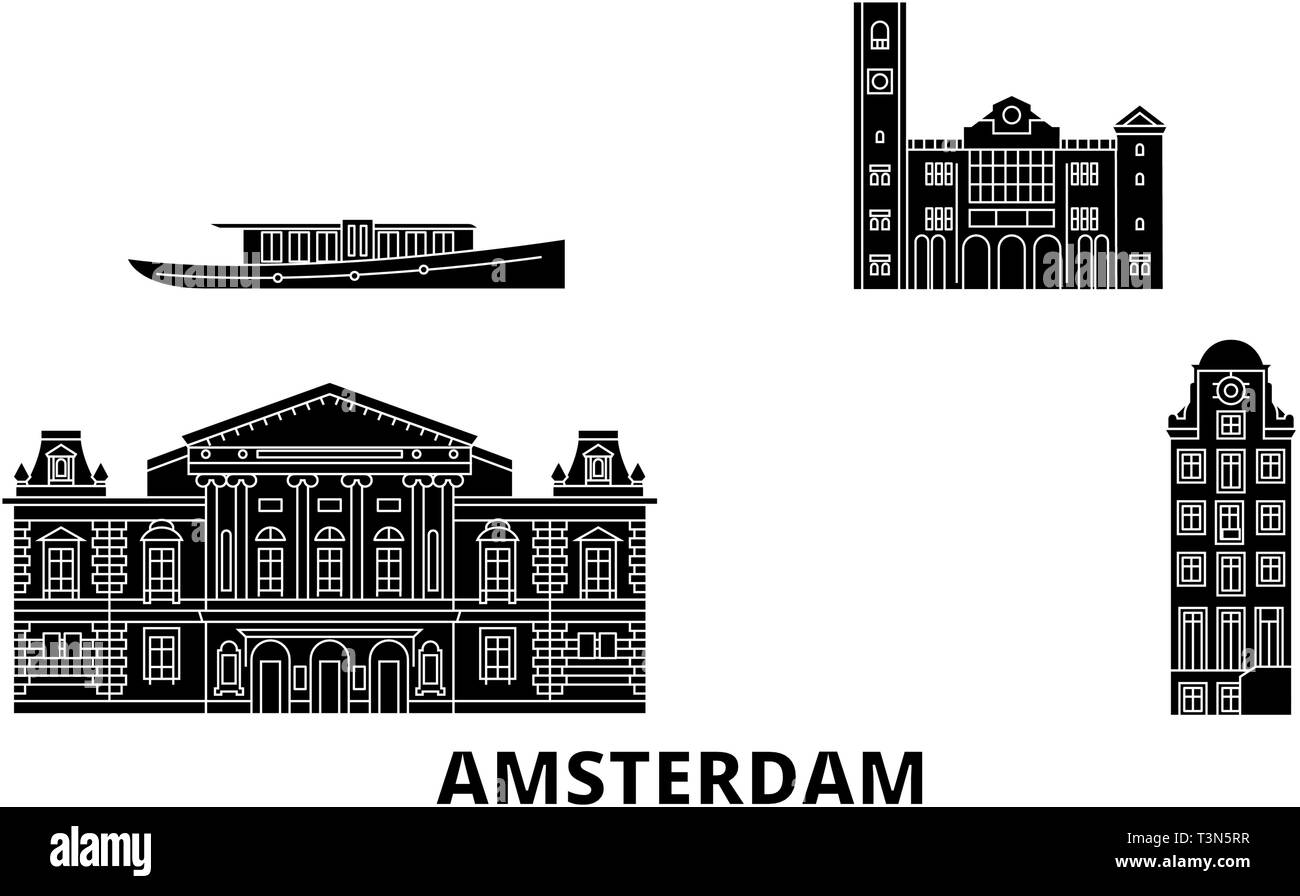 Pays-bas, Amsterdam skyline voyages télévision set. Pays-bas, Amsterdam ville noire, symbole d'illustration vectorielle, les sites touristiques, sites naturels. Illustration de Vecteur
