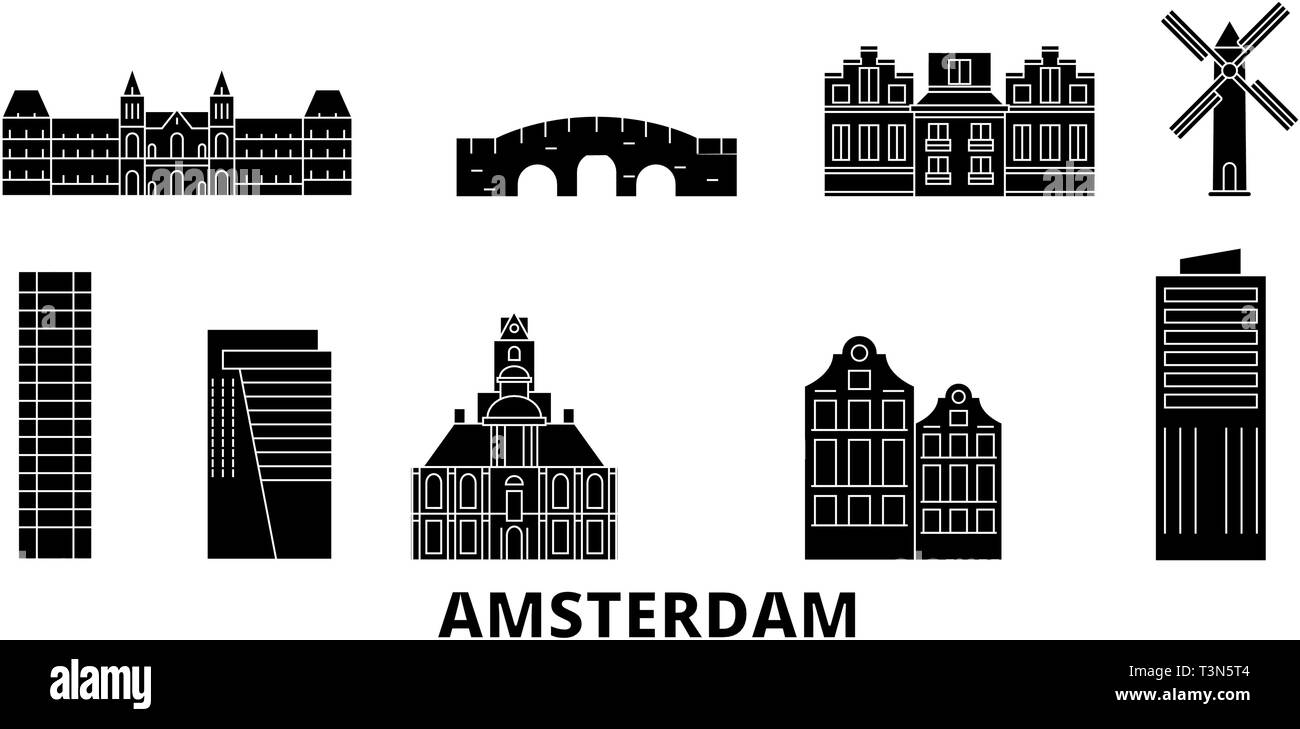 Pays-bas, Amsterdam City skyline voyages télévision set. Pays-bas, Amsterdam City ville noire, symbole d'illustration vectorielle, les sites touristiques, sites naturels. Illustration de Vecteur