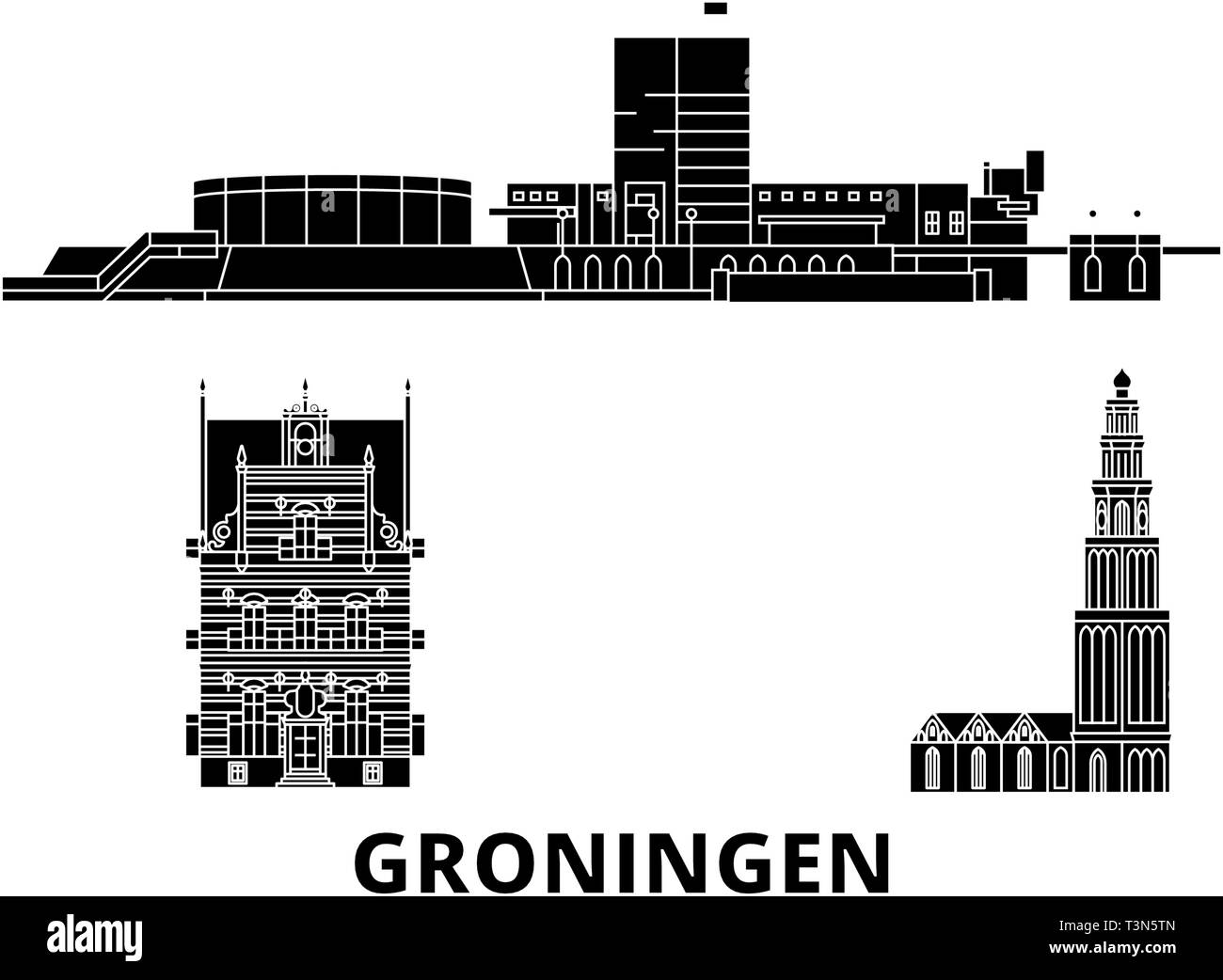 Pays-bas, Groningen voyage télévision. skyline Pays-bas, Groningen ville noire, symbole d'illustration vectorielle, les sites touristiques, sites naturels. Illustration de Vecteur