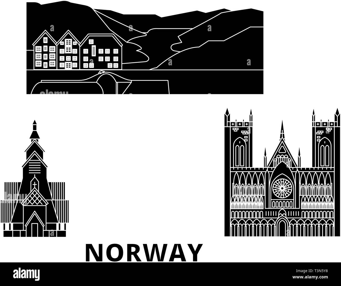 La Norvège voyage ensemble télévision skyline. La Norvège ville noire, symbole d'illustration vectorielle, les sites touristiques, sites naturels. Illustration de Vecteur