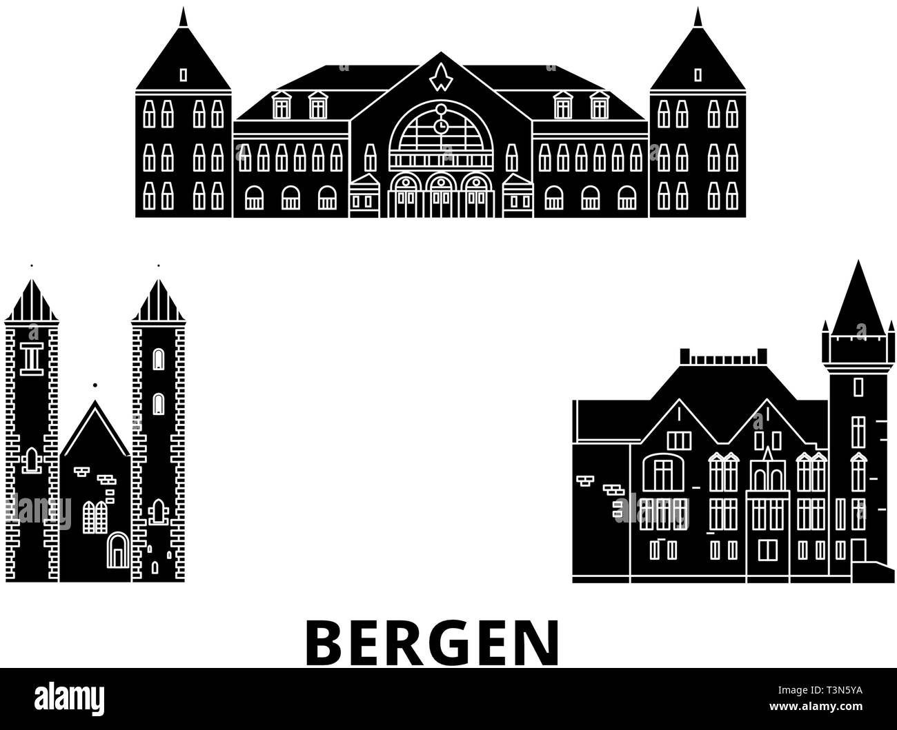 La Norvège, Bergen travel skyline set. Télévision La Norvège, Bergen ville noire, symbole d'illustration vectorielle, les sites touristiques, sites naturels. Illustration de Vecteur