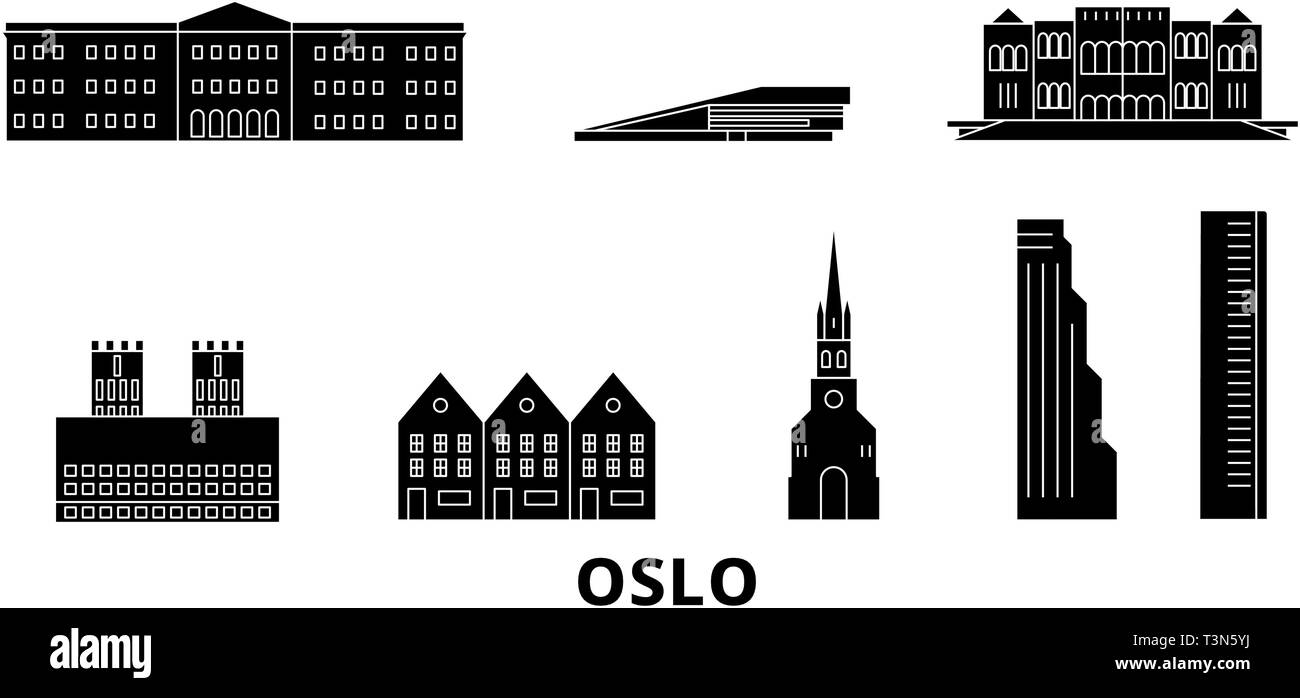 La Norvège, Oslo skyline voyages télévision set. La Norvège, Oslo City noir, symbole d'illustration vectorielle, les sites touristiques, sites naturels. Illustration de Vecteur