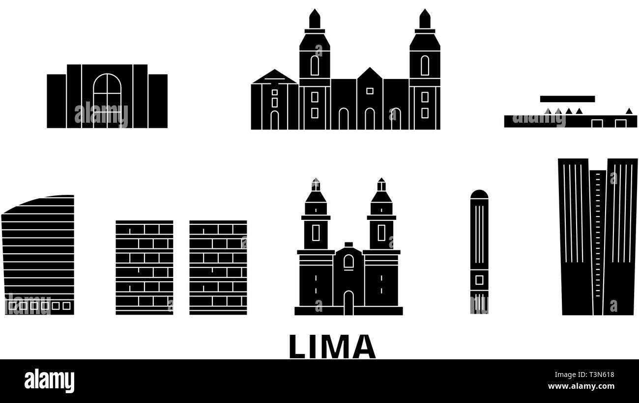 Pérou, Lima flat travel skyline set. Pérou, Lima ville noire, symbole d'illustration vectorielle, les sites touristiques, sites naturels. Illustration de Vecteur